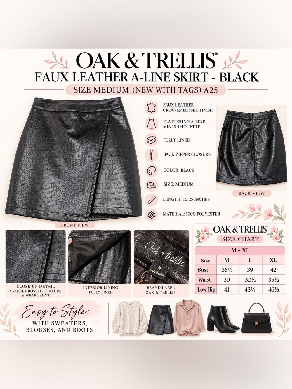 OAK & TRELLIS FAUX A-LINE MINI SKIRT – BLACK SIZE MEDIUM (NEW WITH TAGS) A35